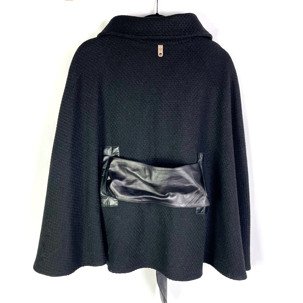 Mackage Poncho Wool Blend Black Leather Trim Belted Cape Collared Sz XS Women's - Picture 7 of 11
